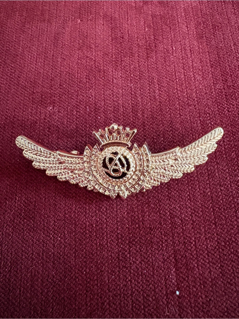 Never Used Gold Tone Royal Crown Wings Lapel Pin Aviation Style Collar Brooch